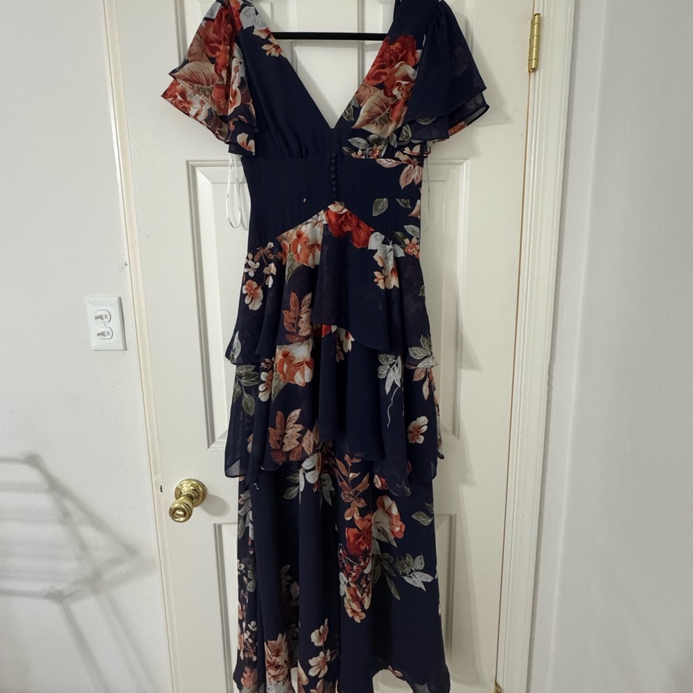 Lulus Midnight Mood Navy Blue Floral Print Tiered Maxi Dress - Size XS - Picture 2 of 4